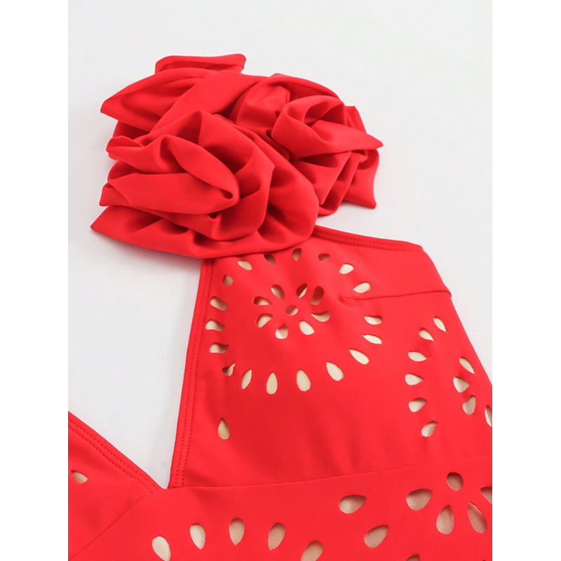 Orange-Red Eyelet Cutout One-Piece Swimsuit with Floral Shoulder and Wrap Skirt view 3