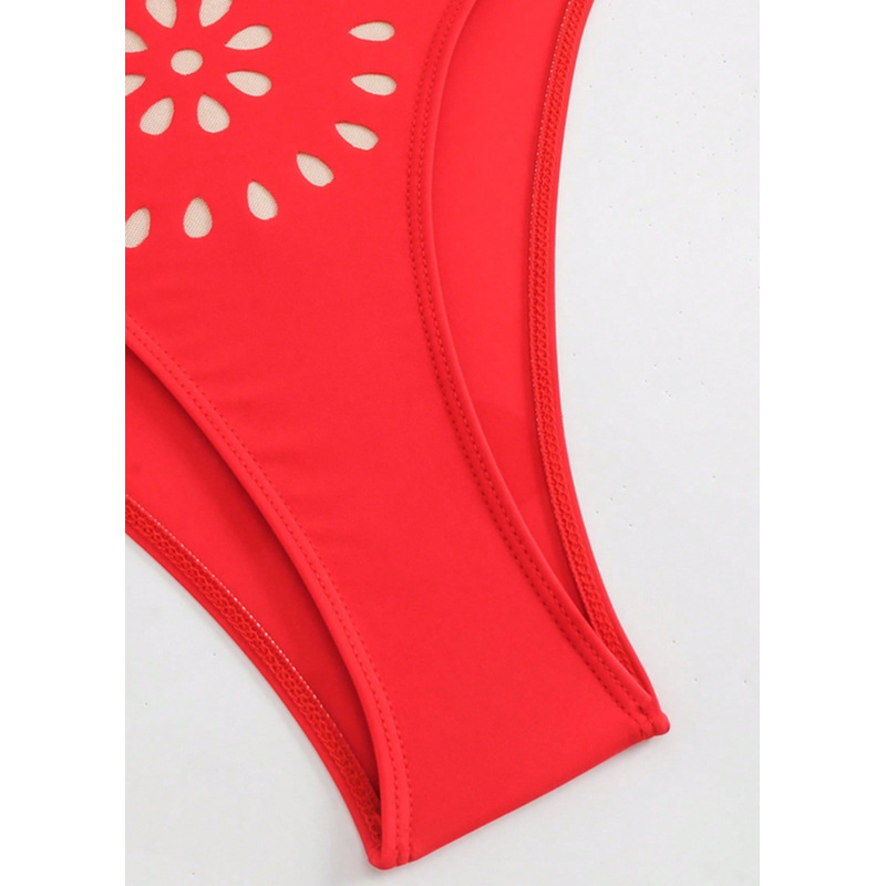 Orange-Red Eyelet Cutout One-Piece Swimsuit with Floral Shoulder and Wrap Skirt view 4