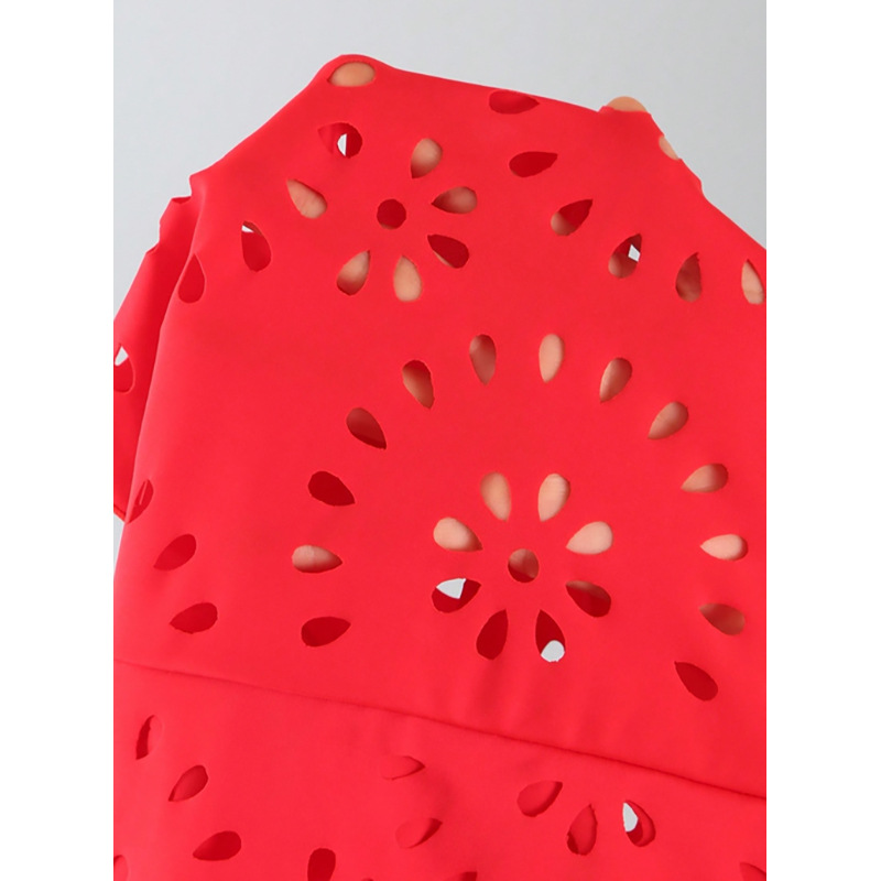 Orange-Red Eyelet Cutout One-Piece Swimsuit with Floral Shoulder and Wrap Skirt view 5