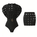 Cutout Cape-Sleeve One-Piece Swimsuit and High-Waisted Skirt Set