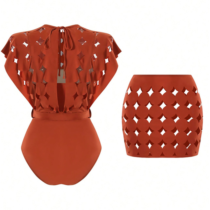Cutout Cape-Sleeve One-Piece Swimsuit and High-Waisted Skirt Set view 10