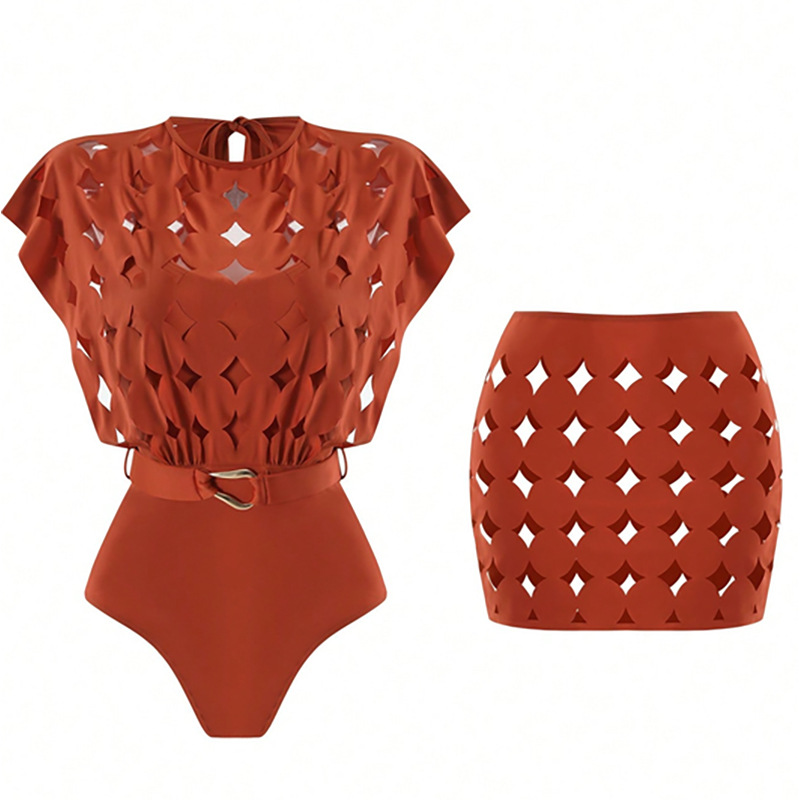Cutout Cape-Sleeve One-Piece Swimsuit and High-Waisted Skirt Set view 11