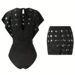 Cutout Cape-Sleeve One-Piece Swimsuit and High-Waisted Skirt Set view 2