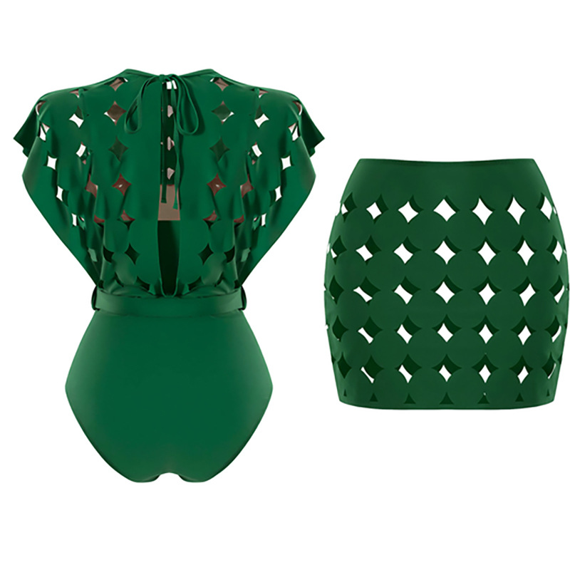Cutout Cape-Sleeve One-Piece Swimsuit and High-Waisted Skirt Set view 3