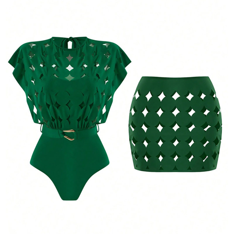 Cutout Cape-Sleeve One-Piece Swimsuit and High-Waisted Skirt Set view 4
