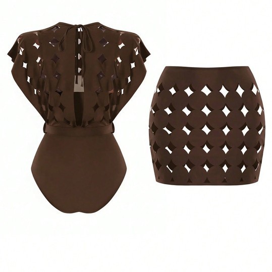 Cutout Cape-Sleeve One-Piece Swimsuit and High-Waisted Skirt Set view 5
