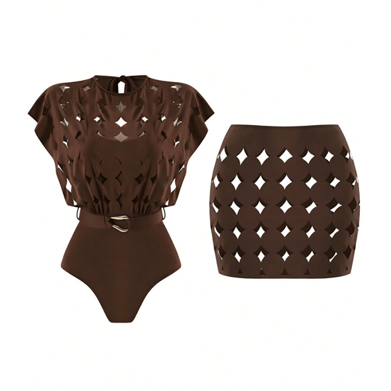 Cutout Cape-Sleeve One-Piece Swimsuit and High-Waisted Skirt Set view 8