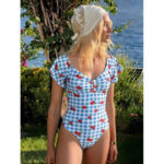 Blue Gingham Cherry Print V-Neck One-Piece Swimsuit with Flutter Sleeves