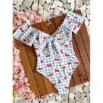 Blue Gingham Cherry Print V-Neck One-Piece Swimsuit with Flutter Sleeves view 2