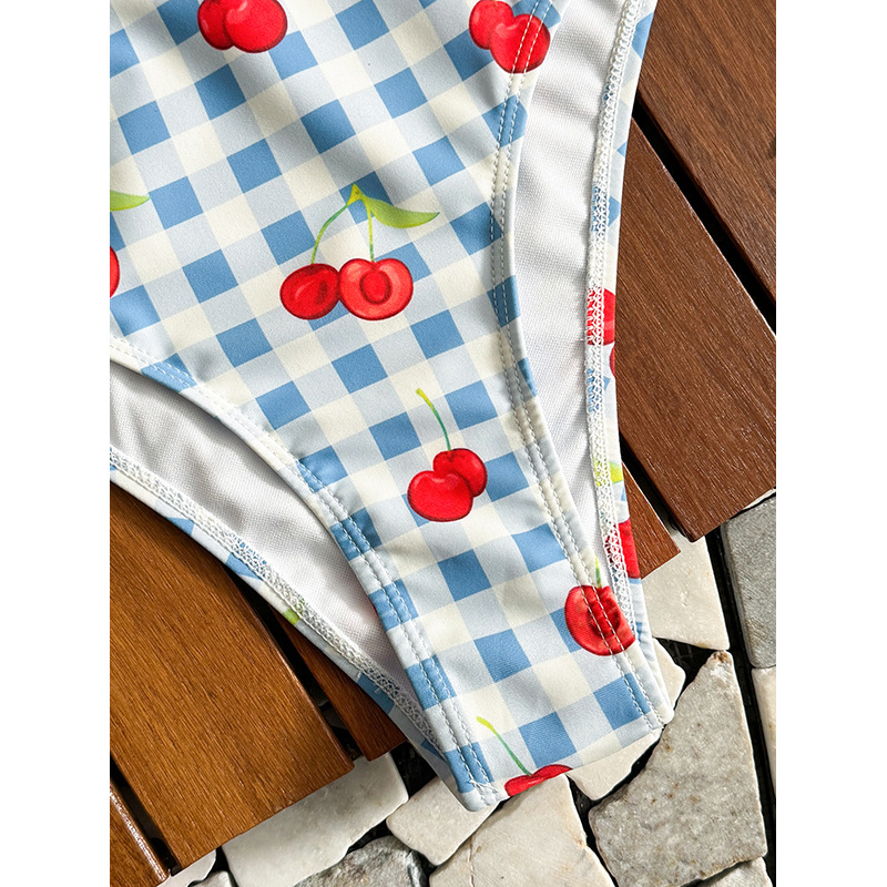 Blue Gingham Cherry Print V-Neck One-Piece Swimsuit with Flutter Sleeves view 3