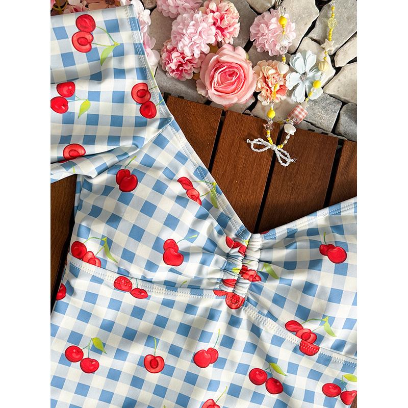 Blue Gingham Cherry Print V-Neck One-Piece Swimsuit with Flutter Sleeves view 4