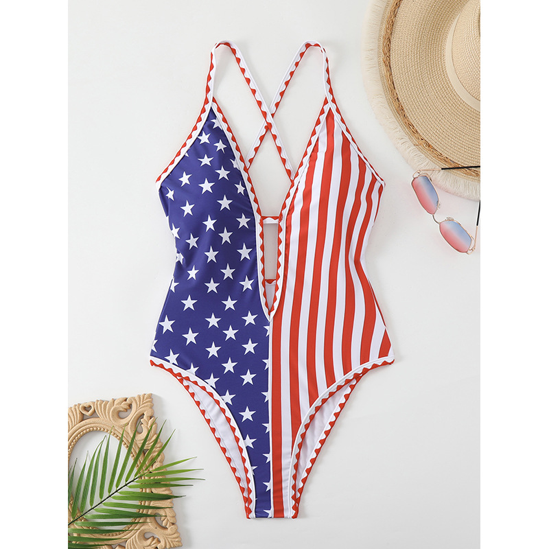 Asymmetric American Flag One-Piece Swimsuit with Plunging V-Neck, Cross-Back Straps and High-Cut Leg view 2