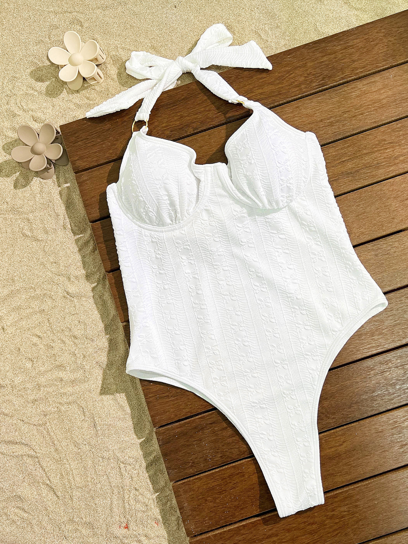 White Textured Halter One-Piece Swimsuit with Structured Cups view 3