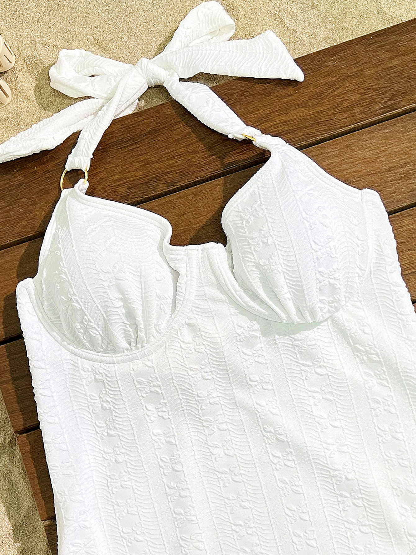 White Textured Halter One-Piece Swimsuit with Structured Cups view 4