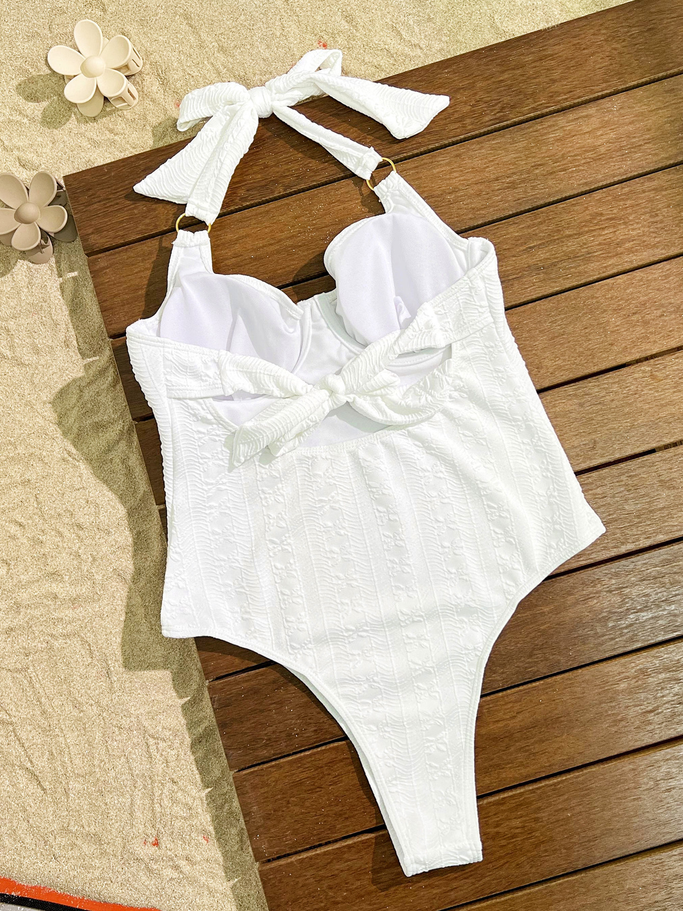 White Textured Halter One-Piece Swimsuit with Structured Cups view 5
