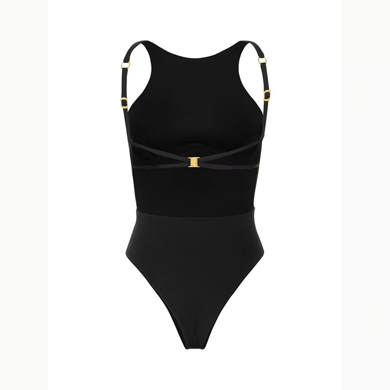 Black High-Neck Underwire One-Piece Swimsuit with High-Cut Leg and Gold Rings view 5
