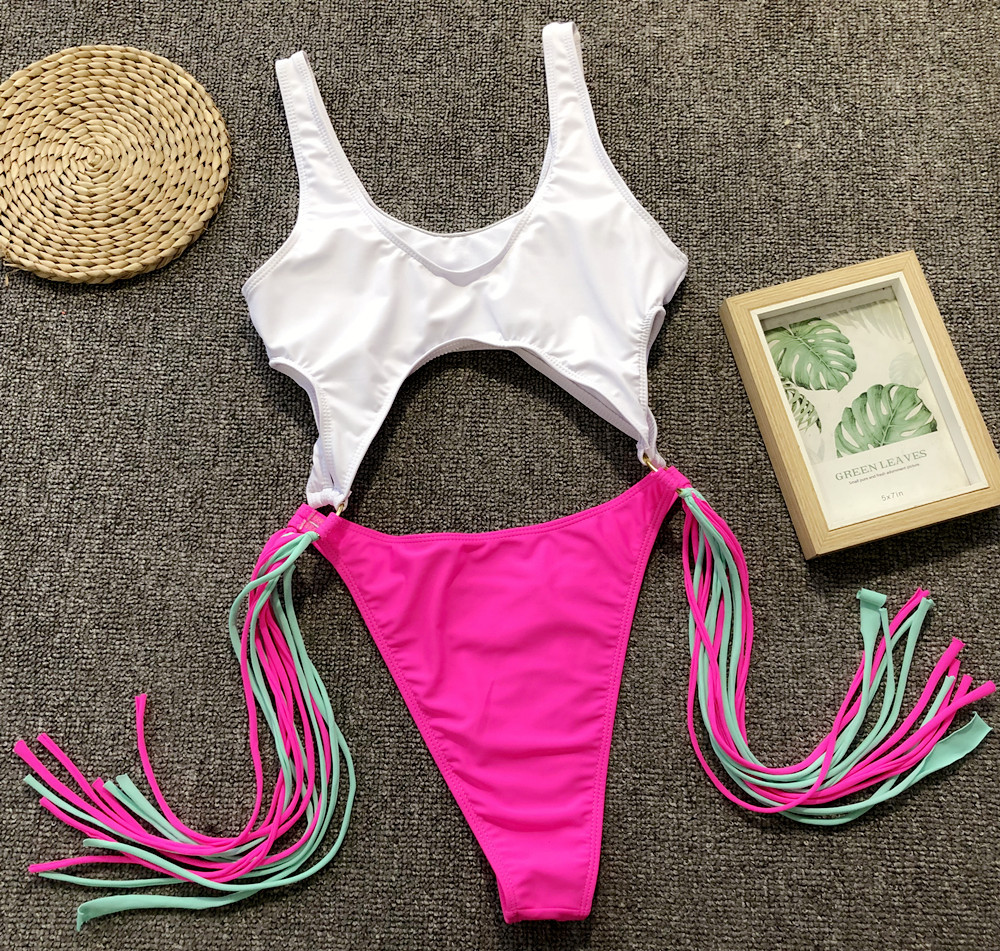 Scoop-Neck Cutout One-Piece Swimsuit with Side Fringe and High-Cut Legs view 21