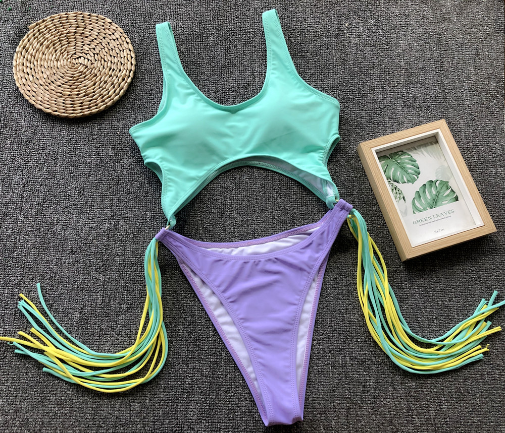 Scoop-Neck Cutout One-Piece Swimsuit with Side Fringe and High-Cut Legs view 24