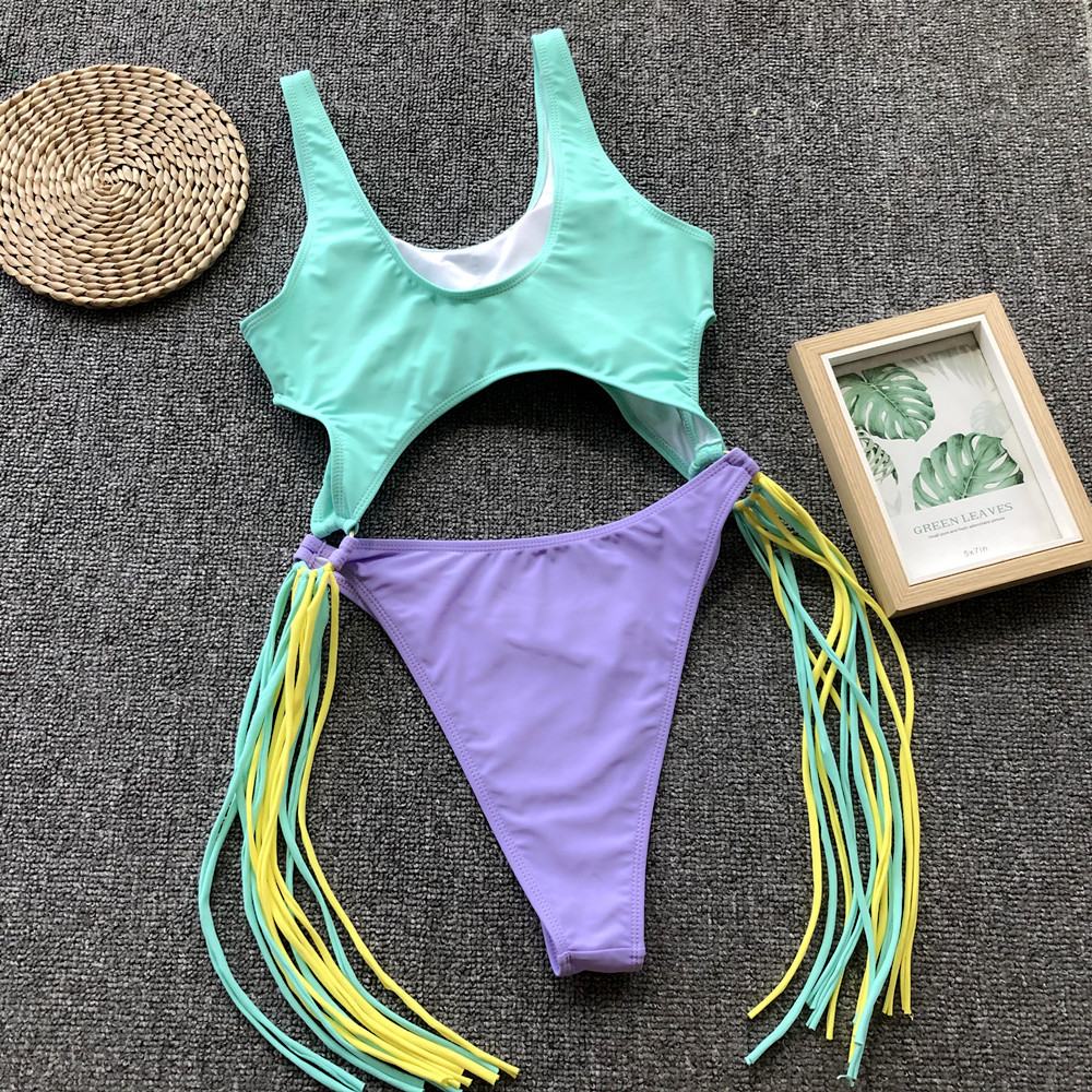 Scoop-Neck Cutout One-Piece Swimsuit with Side Fringe and High-Cut Legs view 26