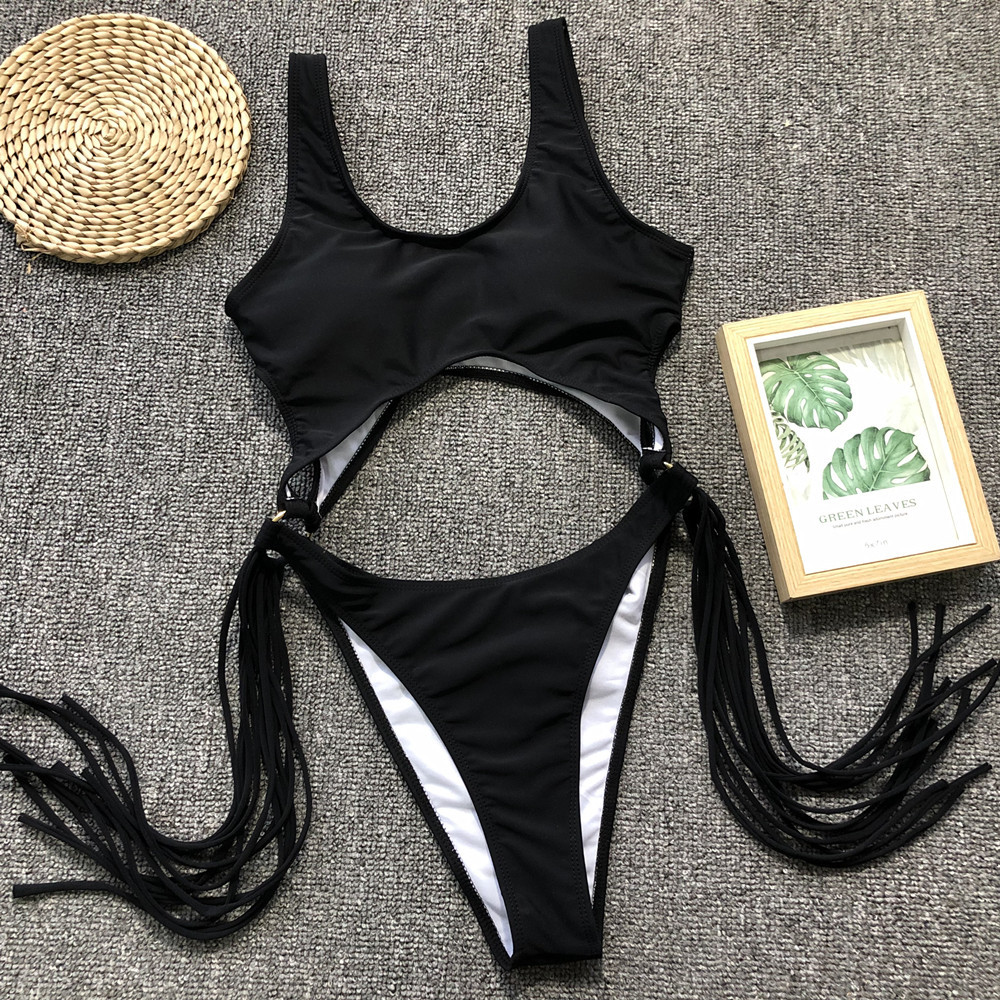 Scoop-Neck Cutout One-Piece Swimsuit with Side Fringe and High-Cut Legs view 27