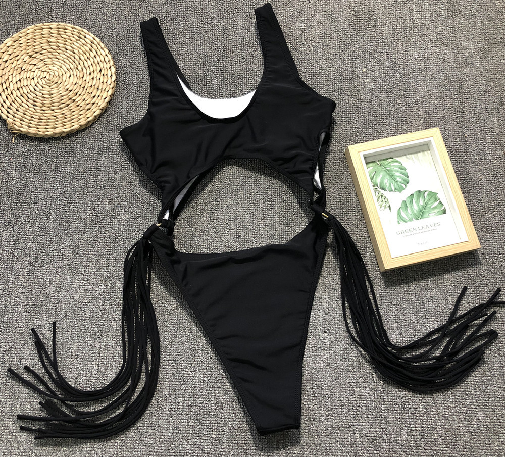 Scoop-Neck Cutout One-Piece Swimsuit with Side Fringe and High-Cut Legs view 30