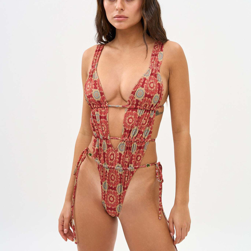 Red Medallion Print Plunge One-Piece Swimsuit with Cutouts and Side Ties view 4