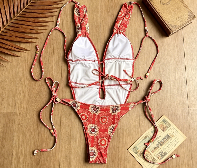 Red Medallion Print Plunge One-Piece Swimsuit with Cutouts and Side Ties view 6