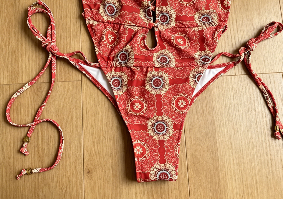 Red Medallion Print Plunge One-Piece Swimsuit with Cutouts and Side Ties view 8