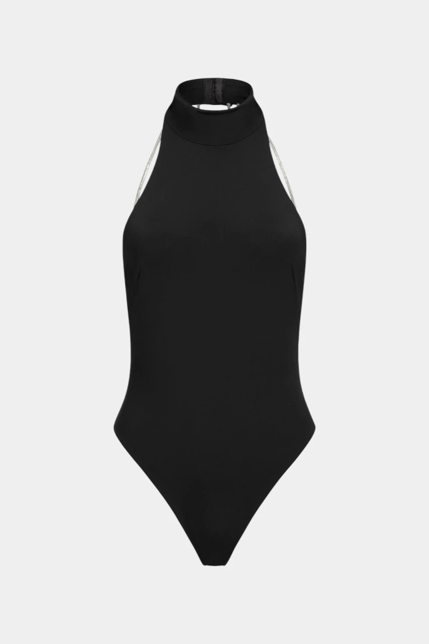 Black High-Neck Halter One-Piece Swimsuit with Open Beaded Back view 5