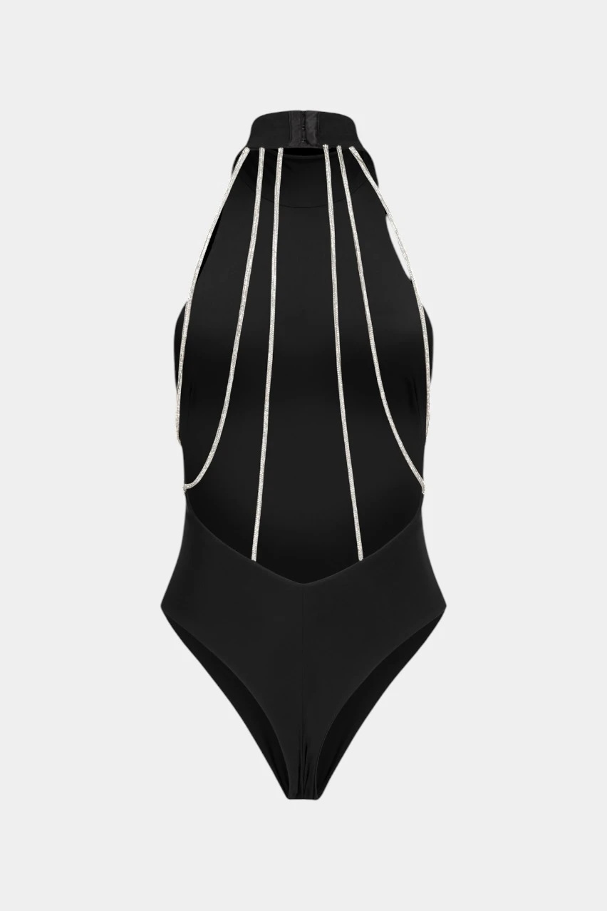 Black High-Neck Halter One-Piece Swimsuit with Open Beaded Back view 6