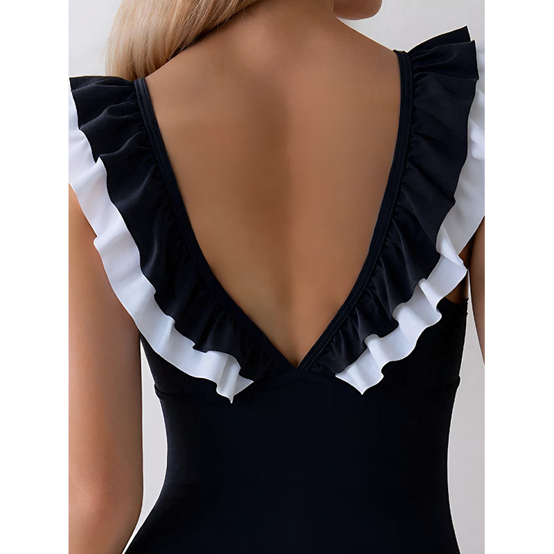 Black and White Ruffled One-Piece Swimsuit with Deep V-Neck and Back view 4