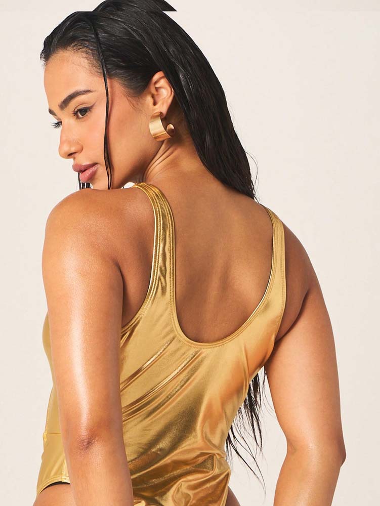 Metallic Gold One-Piece Swimsuit with Scoop Neck and Front Cutout view 5
