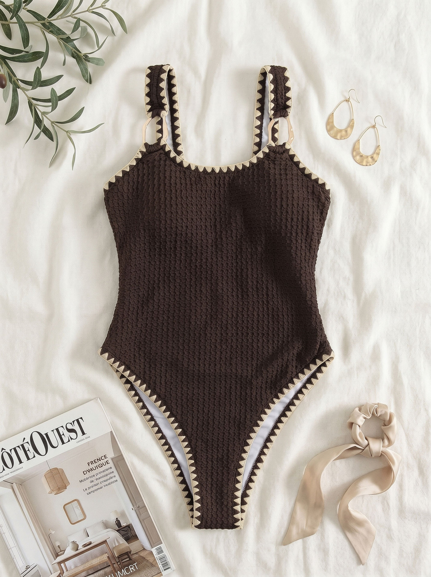 Coffee Brown Zigzag-Trim One-Piece Swimsuit with Gold Ring Straps view 3