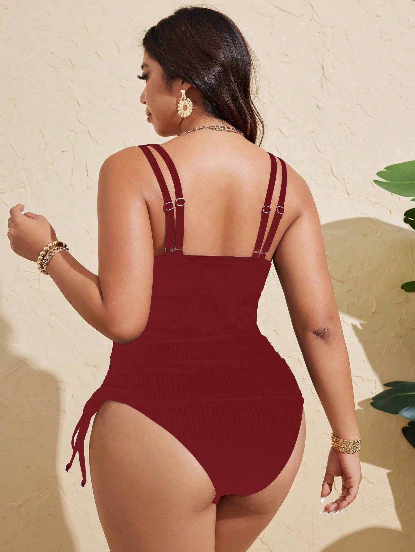 Burgundy Ribbed Plus-Size One-Piece Swimsuit with V-Notch and Side Ties view 4