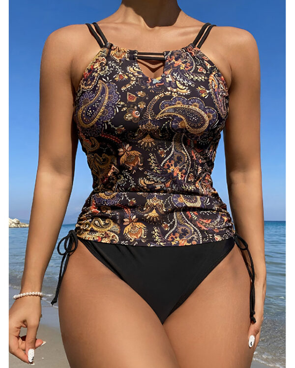 Paisley Print High-Neck Tankini with Side-Tie Bikini Bottoms