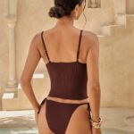 Dark Brown Ribbed Tankini Swimsuit with Front Keyhole and Side-Tie Bikini Bottoms view 2