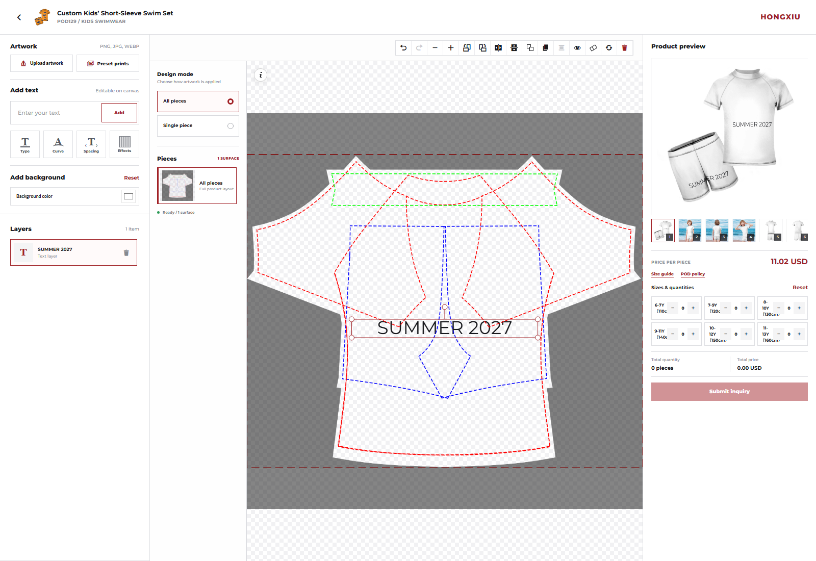All pieces mode in the Hongxiu POD designer with one text layer applied across the full garment layout and shown on the product preview