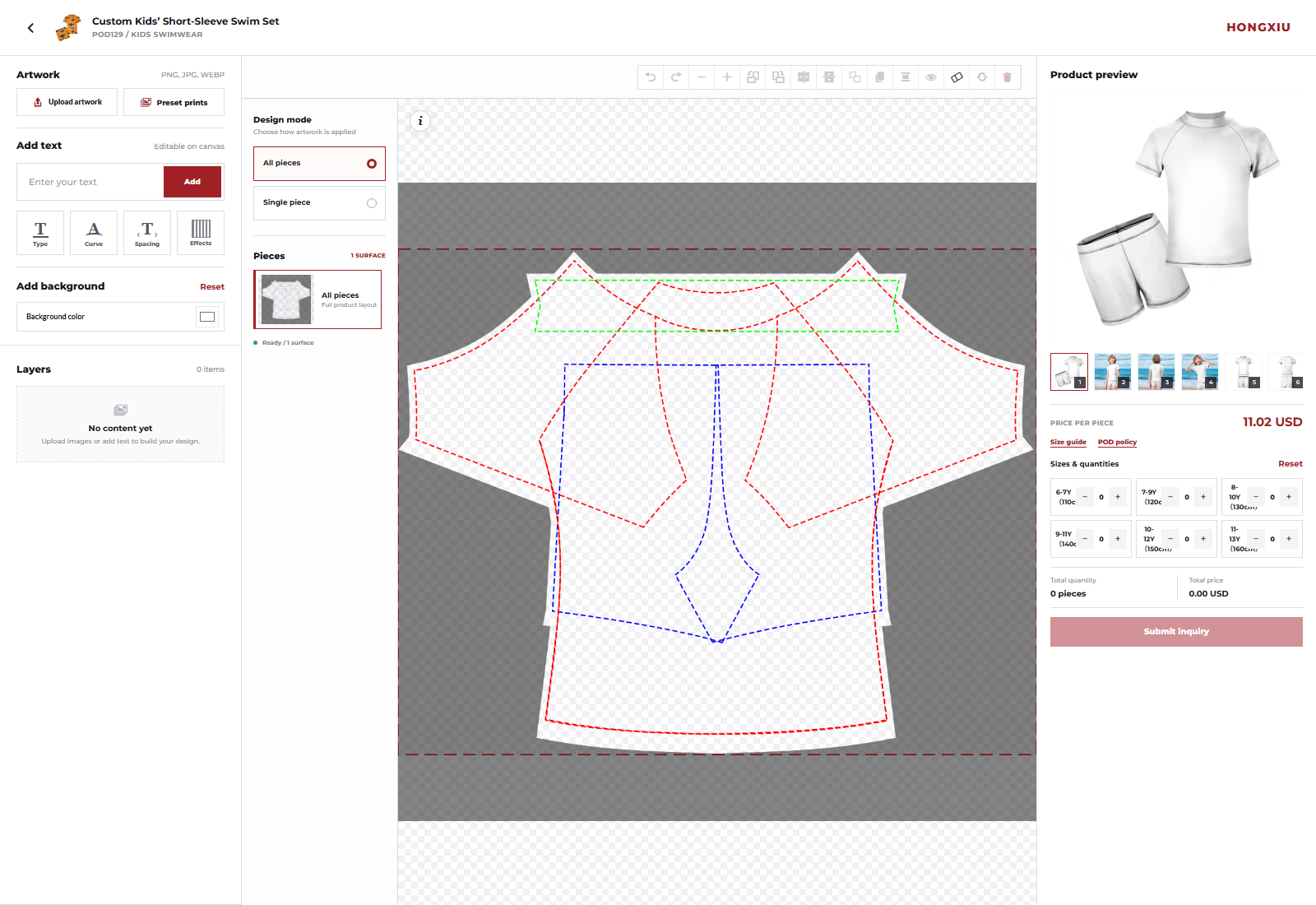 Hongxiu POD designer with artwork tools on the left, pattern pieces in the middle and the live product preview on the right