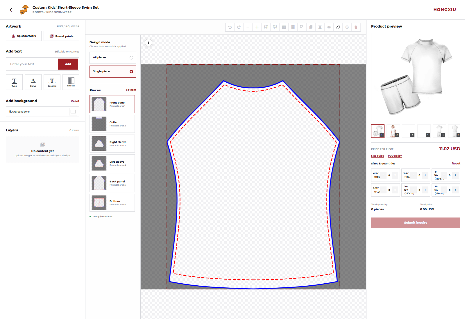 Single piece mode in the Hongxiu POD designer listing front panel, collar, sleeves, back panel and bottom as separate printable areas