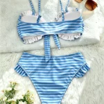 Ruffle Trim Knot Front Bandeau Bikini Set in Blue and White Stripes view 2