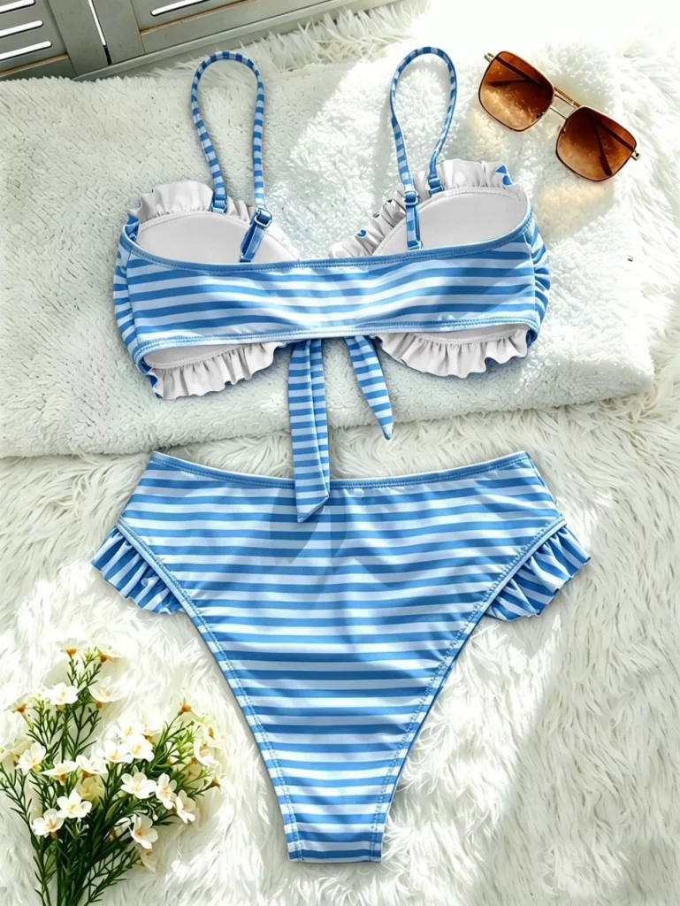 Ruffle Trim Knot Front Bandeau Bikini Set in Blue and White Stripes